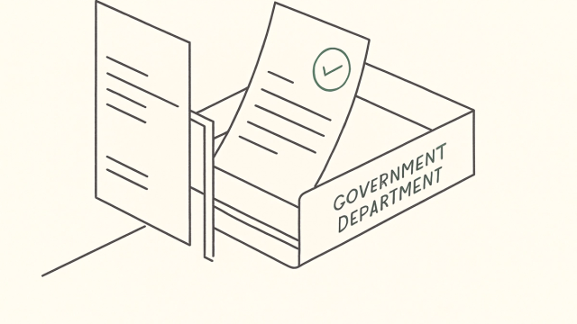 Line illustration of an invoice passing through a validation gate into a filing tray
