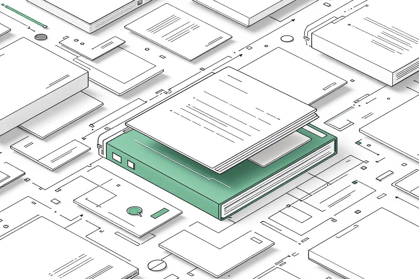 Line illustration of a workpaper binder assembling itself from pages routed through processing nodes