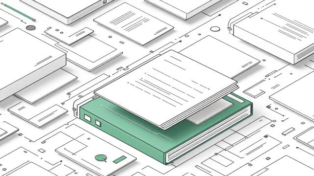 Line illustration of a workpaper binder assembling itself from pages routed through processing nodes