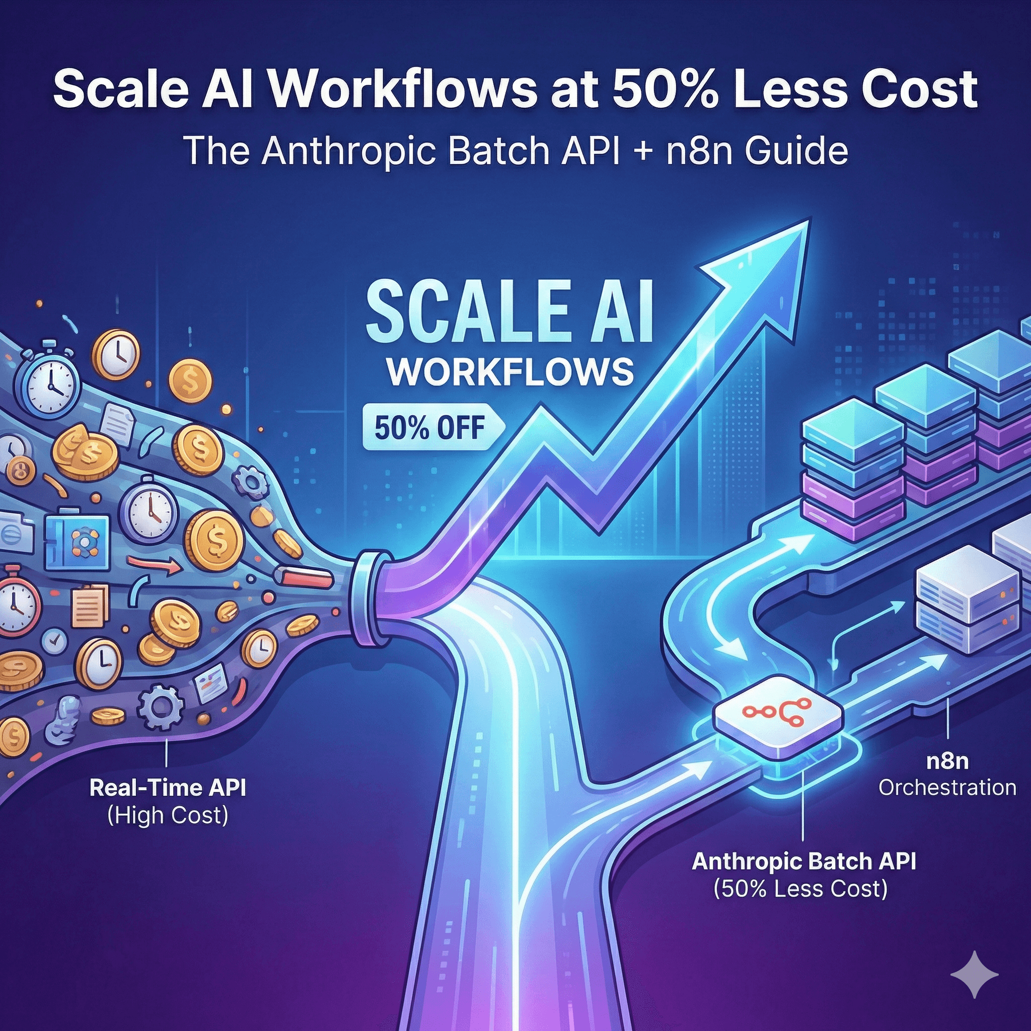 Abstract line illustration representing Scale AI Workflows at 50% Less Cost: The Anthropic Batch API + n8n Guide