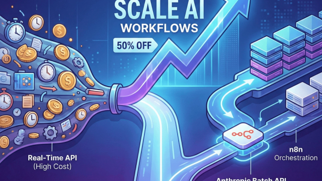 Abstract line illustration representing Scale AI Workflows at 50% Less Cost: The Anthropic Batch API + n8n Guide