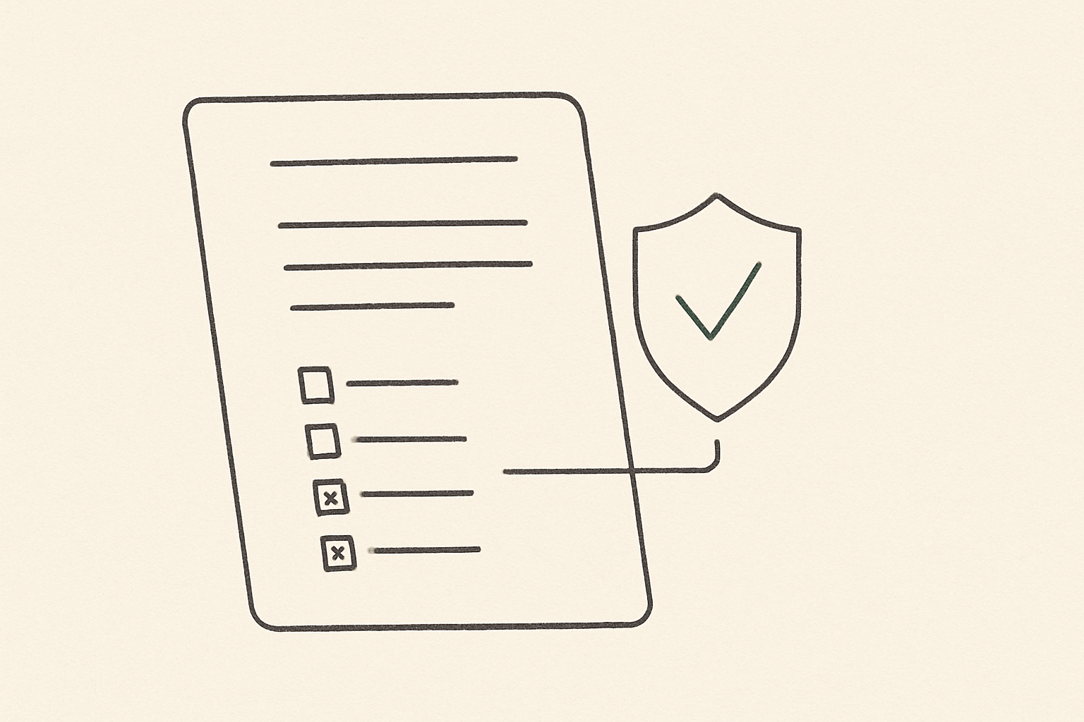 Line illustration of an insurance policy checklist connected to a shield representing coverage