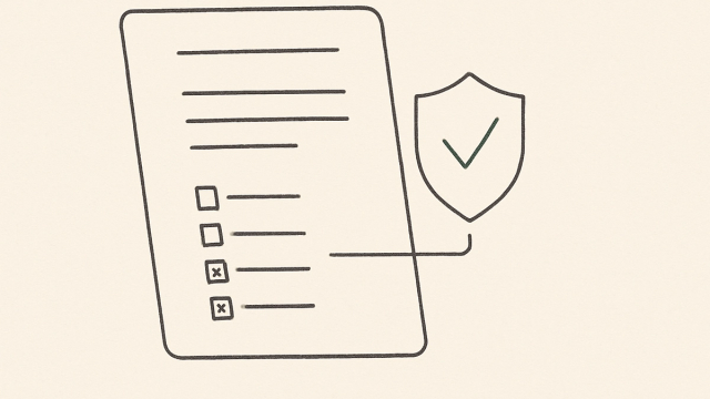 Line illustration of an insurance policy checklist connected to a shield representing coverage
