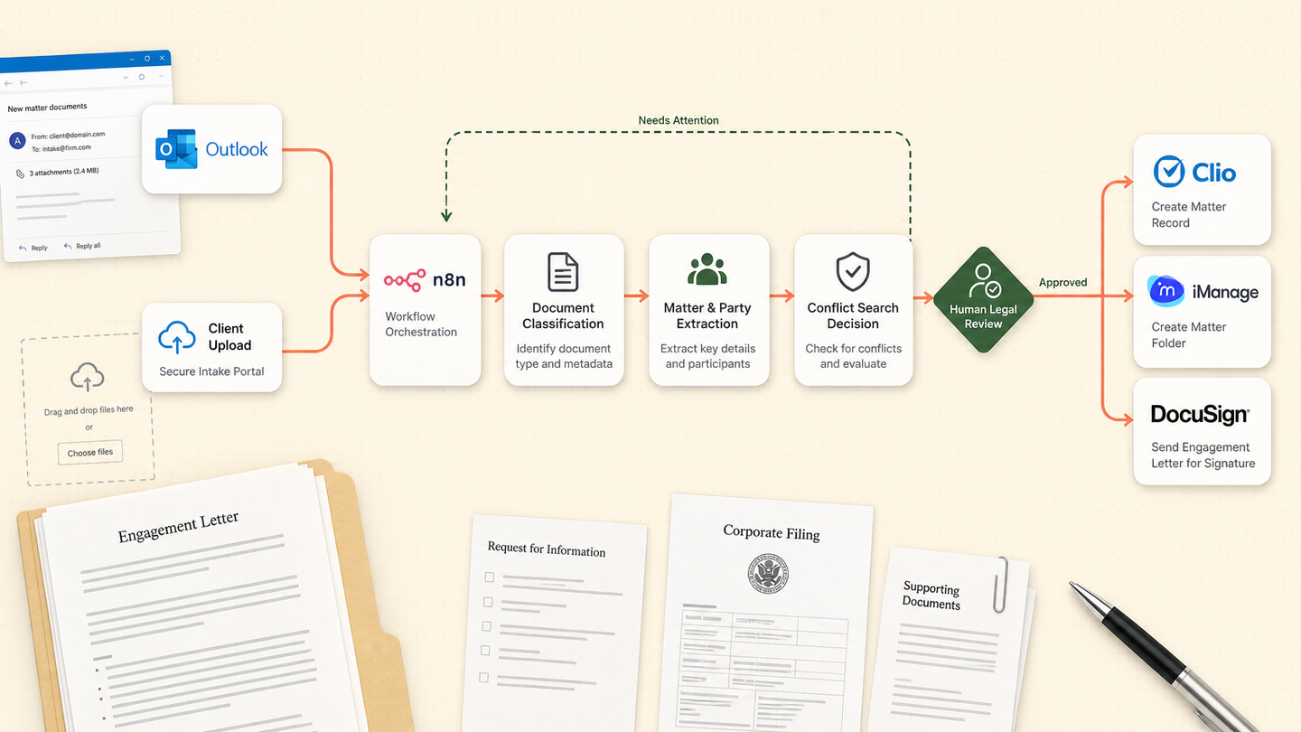 Legal matter intake workflow connecting Outlook and documents to n8n, extraction, conflict preparation and Clio or iManage