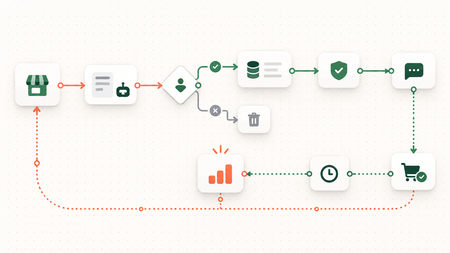 Node-based Shopify lead qualification workflow with bot filtering, consent gate, WhatsApp follow-up and Meta conversion feedback loop