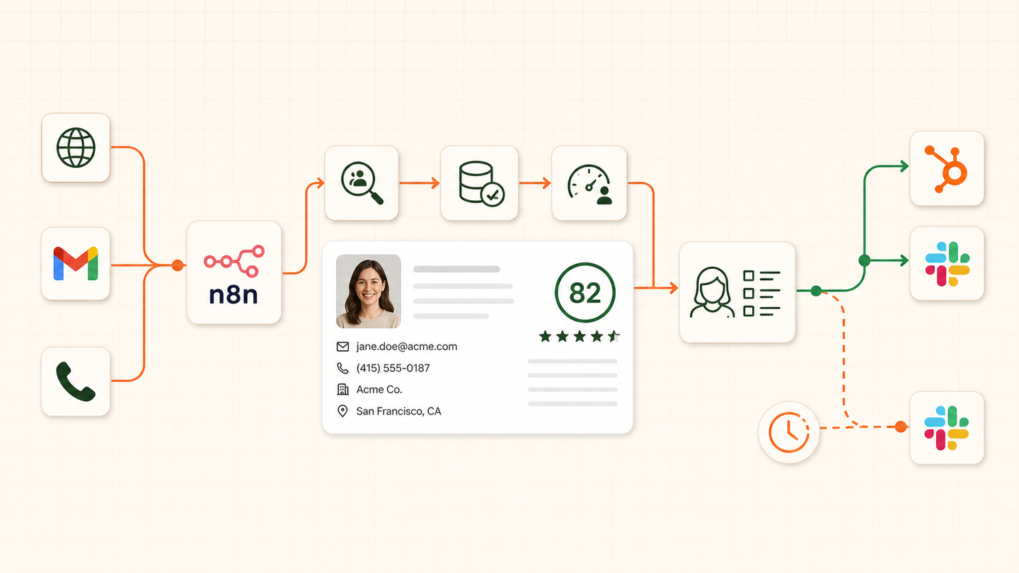 CRM lead routing workflow connecting website, Gmail, phone, n8n, HubSpot, Slack and an SLA timer