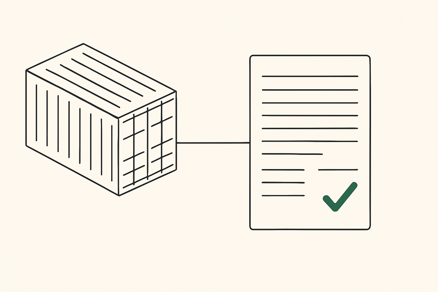 Line illustration of a shipping container connected to a customs declaration document
