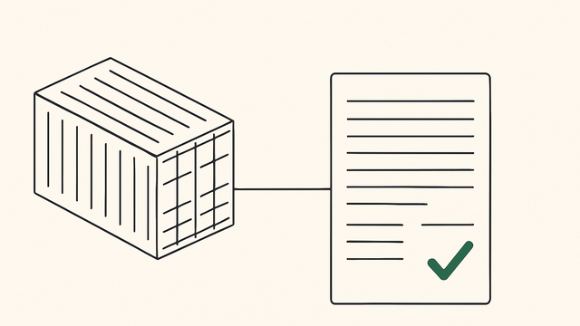 Line illustration of a shipping container connected to a customs declaration document