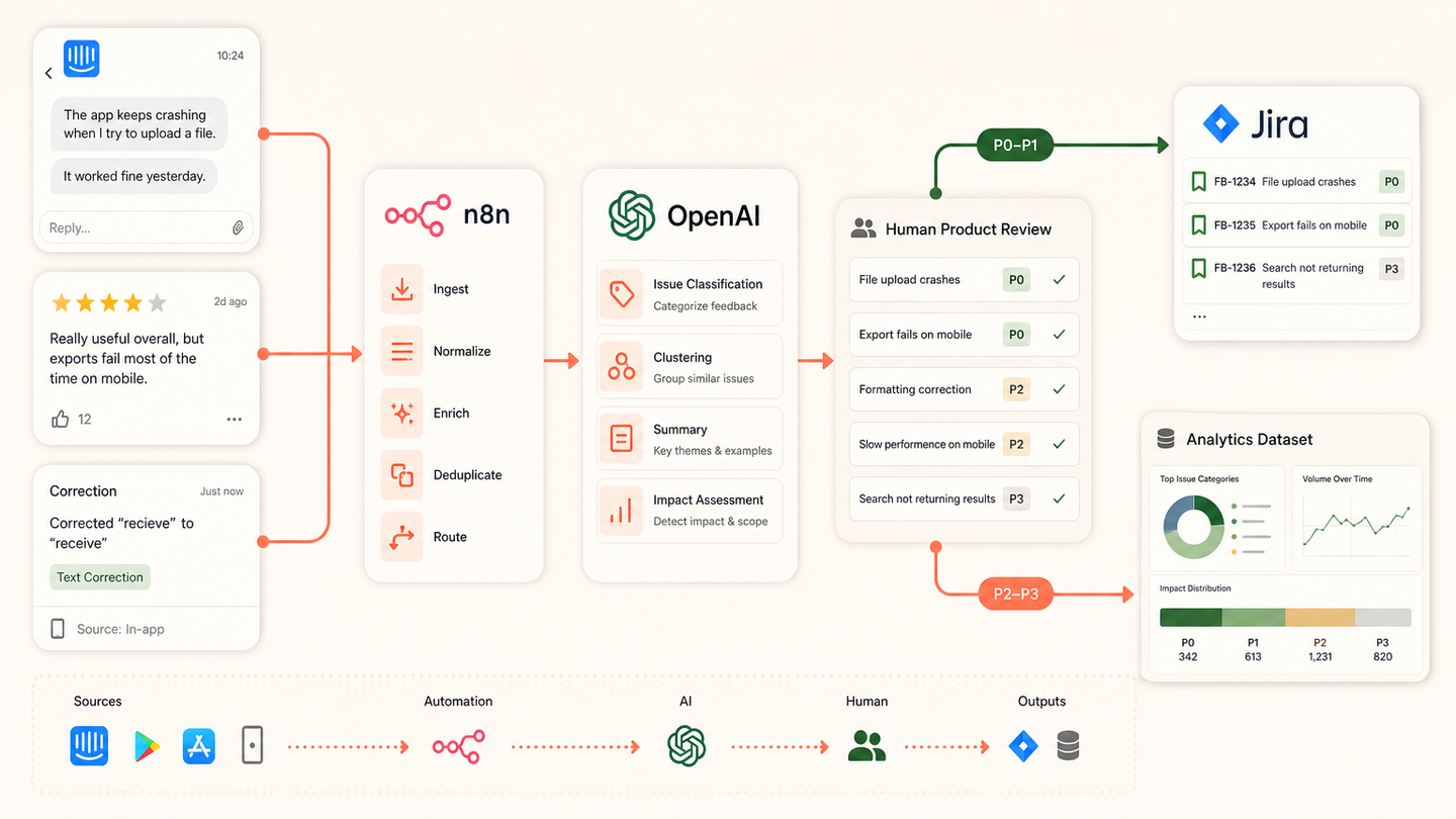 AI product feedback workflow connecting Intercom, reviews and correction events to n8n, clustering, product review, Jira and analytics