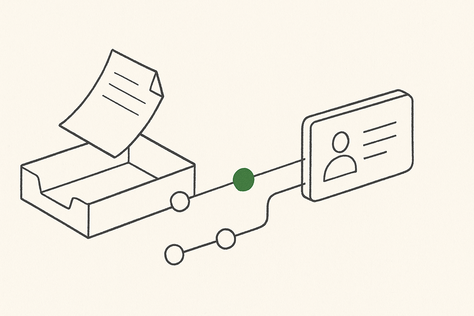 Line illustration of an inbox feeding documents into a CRM card through automation nodes