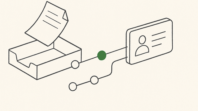 Line illustration of an inbox feeding documents into a CRM card through automation nodes