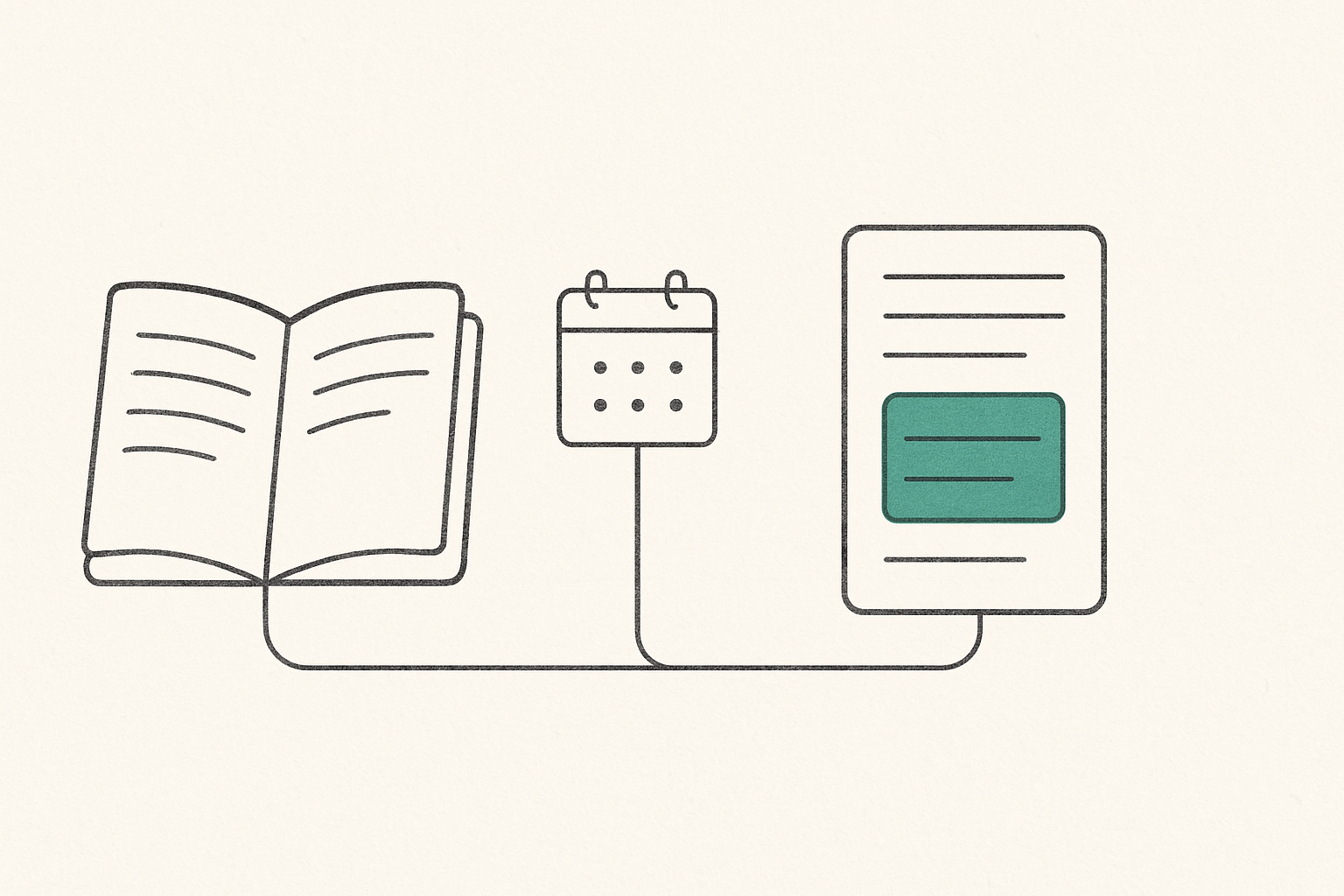 Line illustration of a notebook connected to a calendar meeting node through automation