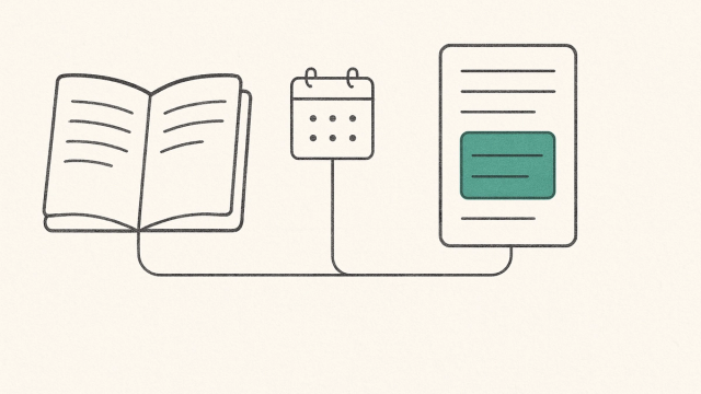 Line illustration of a notebook connected to a calendar meeting node through automation