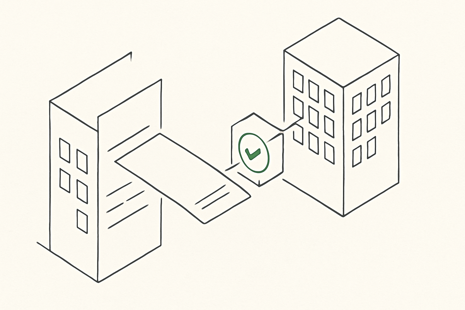 Line illustration of a transfer form moving between two custodian buildings through a validation node