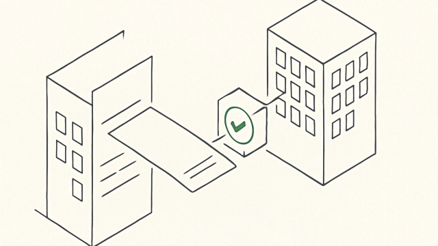 Line illustration of a transfer form moving between two custodian buildings through a validation node