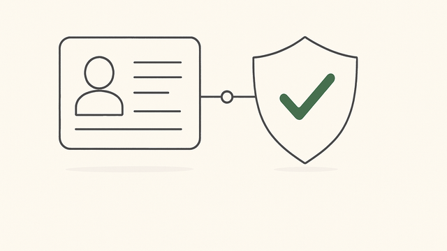 Line illustration of an identity document verified through a shield-marked node