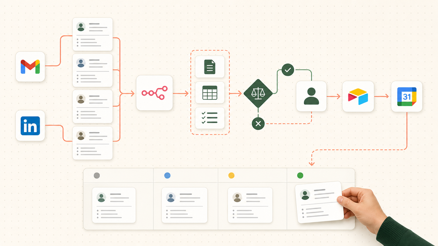 Recruiting workflow connecting Gmail, LinkedIn, n8n, resume extraction, Airtable review and calendar booking