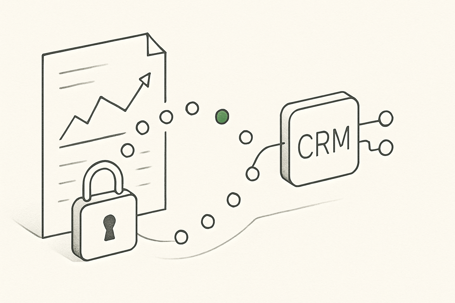 Line illustration of a report unlocking and flowing data into a connected CRM node