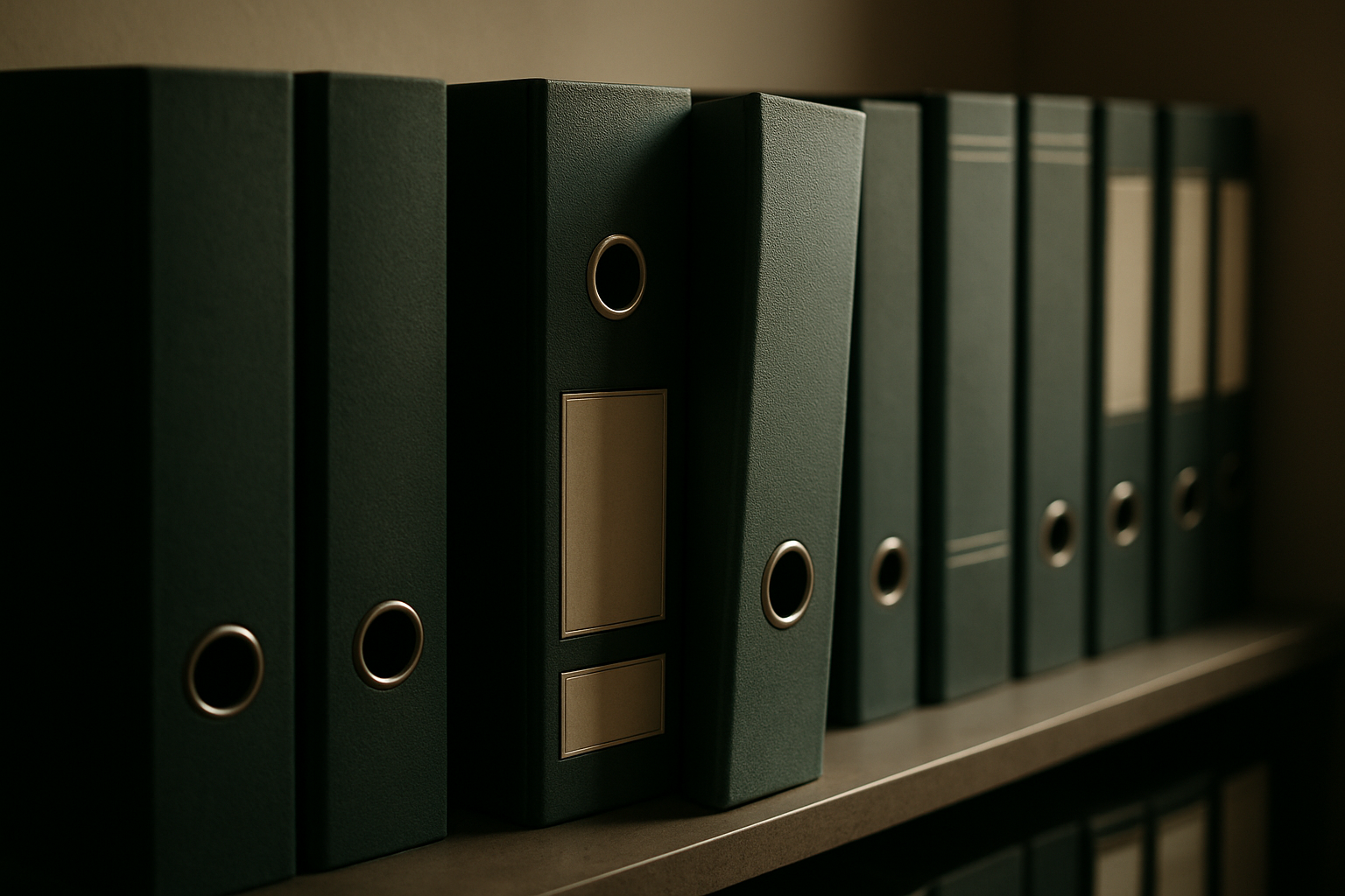 A row of dark green ledger binders on an office shelf, one pulled slightly forward