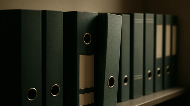 A row of dark green ledger binders on an office shelf, one pulled slightly forward