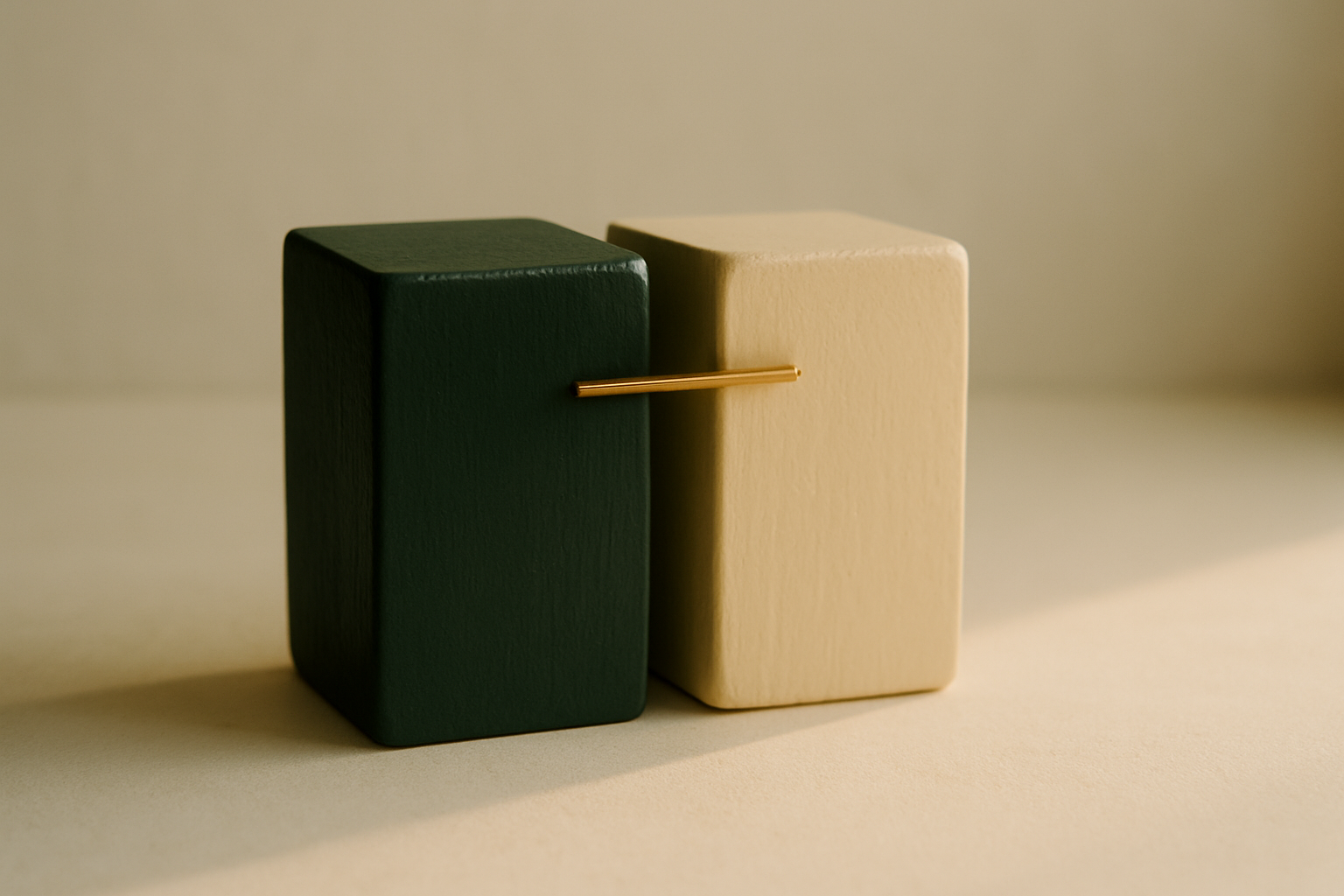Two painted wooden blocks, dark green and warm cream, connected by a thin brass rod