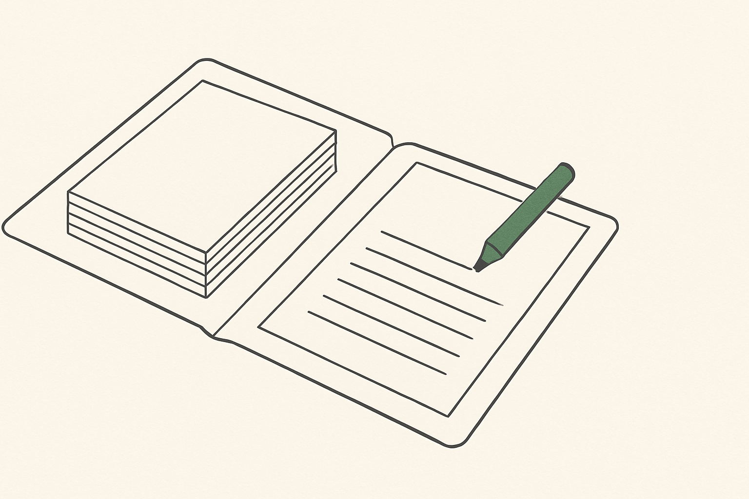 Line illustration of a folder of documents and an empty form with an unfinished line between them