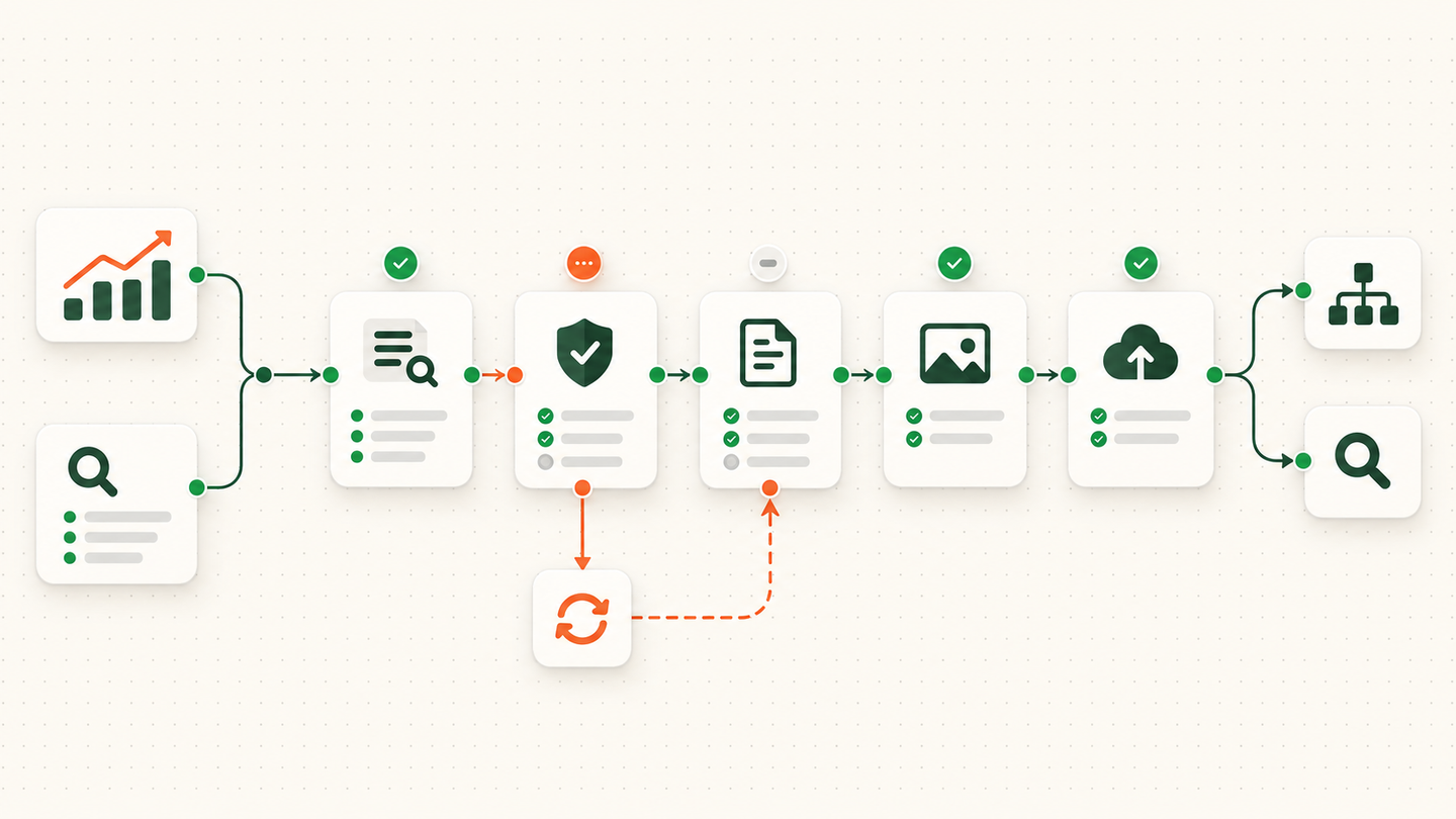 Node-based SEO content workflow from search data and research through writing, review, image creation, Sanity publishing and indexing