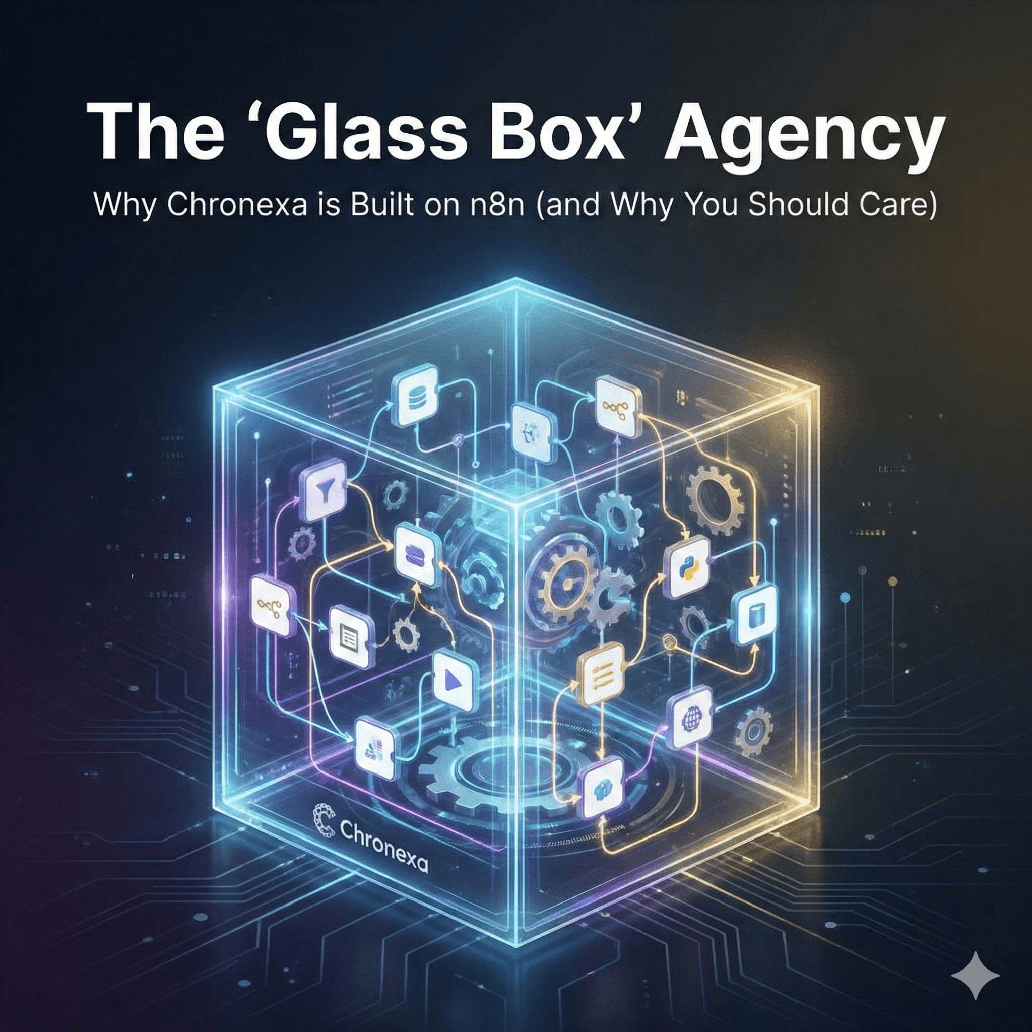 Abstract line illustration representing The "Glass Box" Agency: Why Chronexa is Built on n8n (and Why You Should Care)