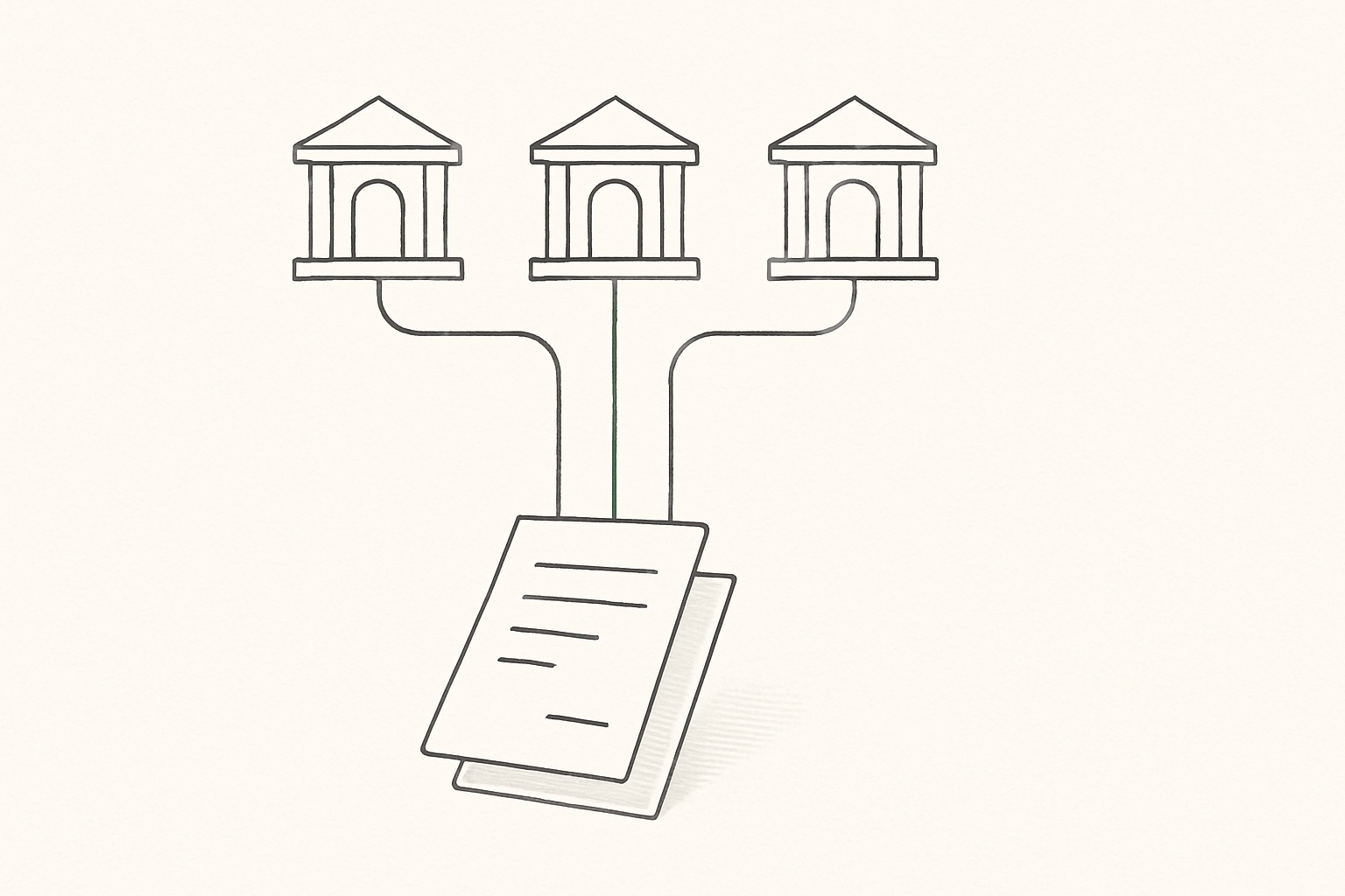 Line illustration of a legal matter file branching into three separate legal systems