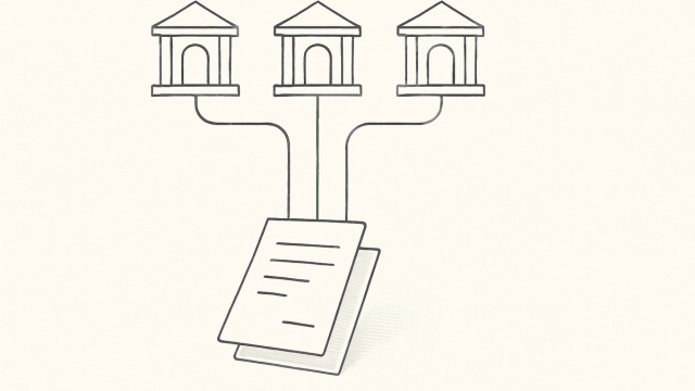 Line illustration of a legal matter file branching into three separate legal systems