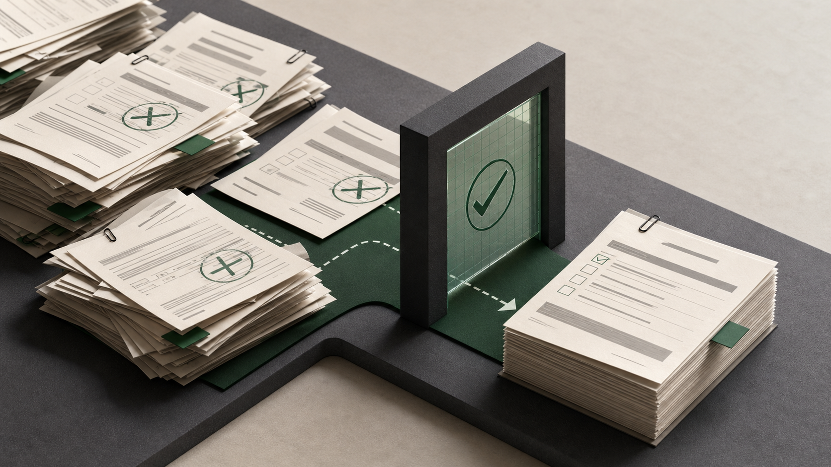 Editorial illustration of rejected client transfer paperwork passing through a validation gate into an approved packet