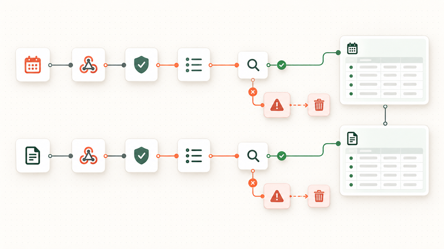 Two node-based event registration and application workflows validating form submissions before writing clean records to Airtable