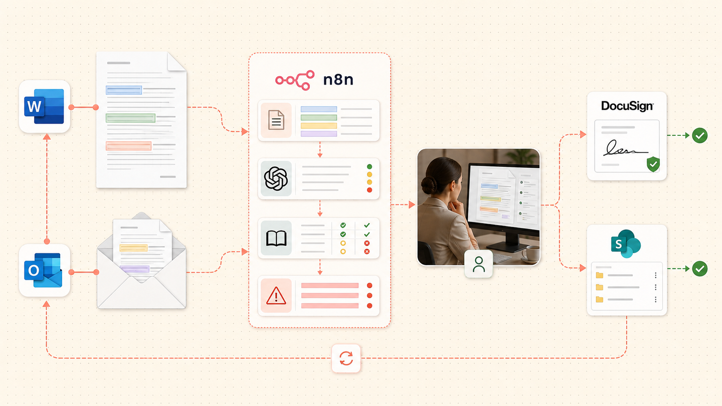 Contract review workflow connecting Word and Outlook to n8n, playbook comparison, lawyer review, DocuSign and SharePoint