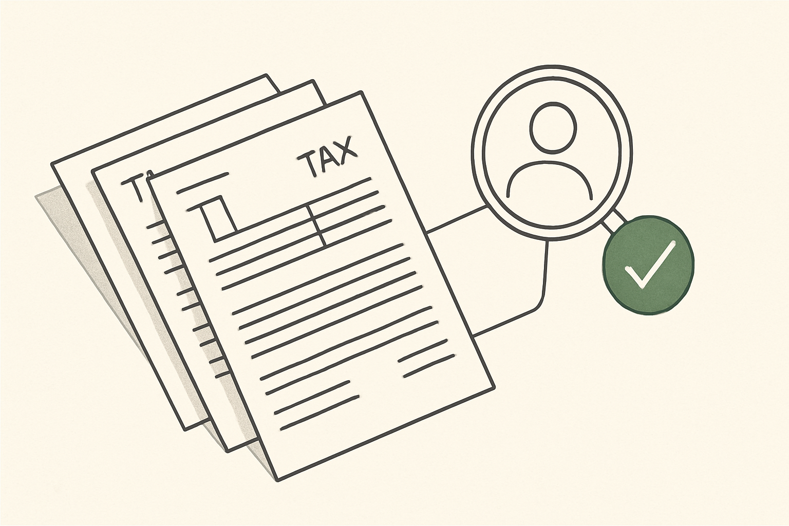 Line illustration of a multi-page tax form with a flagged page reviewed through a connected node
