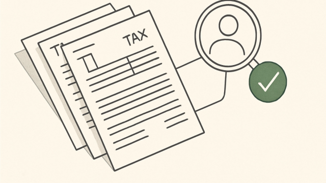 Line illustration of a multi-page tax form with a flagged page reviewed through a connected node