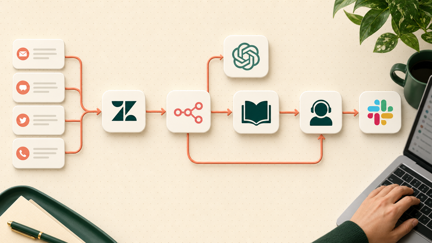 Customer service workflow connecting Zendesk, n8n, knowledge retrieval, human escalation, Jira and Slack