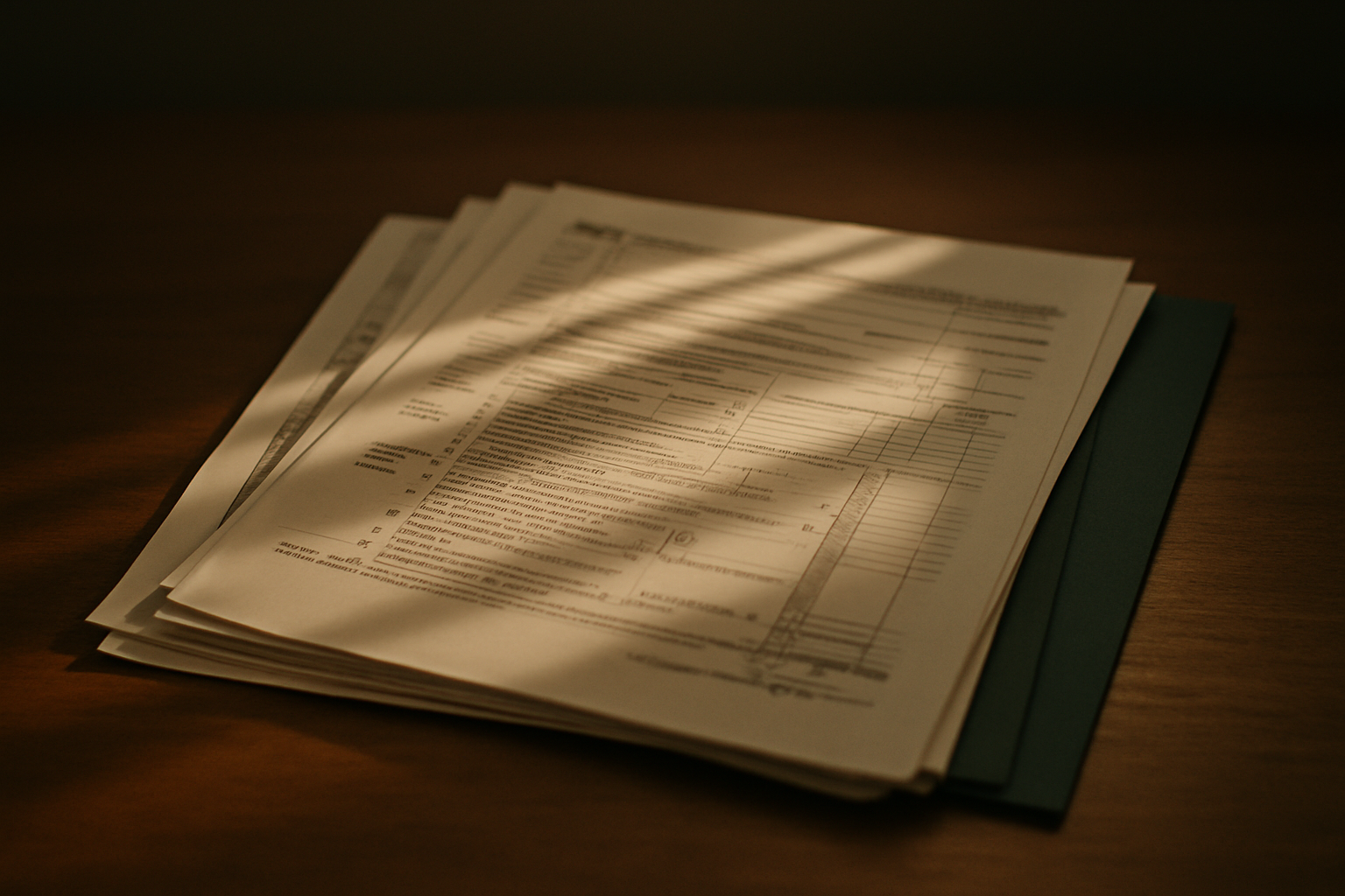 Stack of signed paper tax documents on a wooden desk in warm window light, a dark green folder at the edge