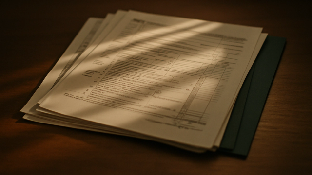Stack of signed paper tax documents on a wooden desk in warm window light, a dark green folder at the edge