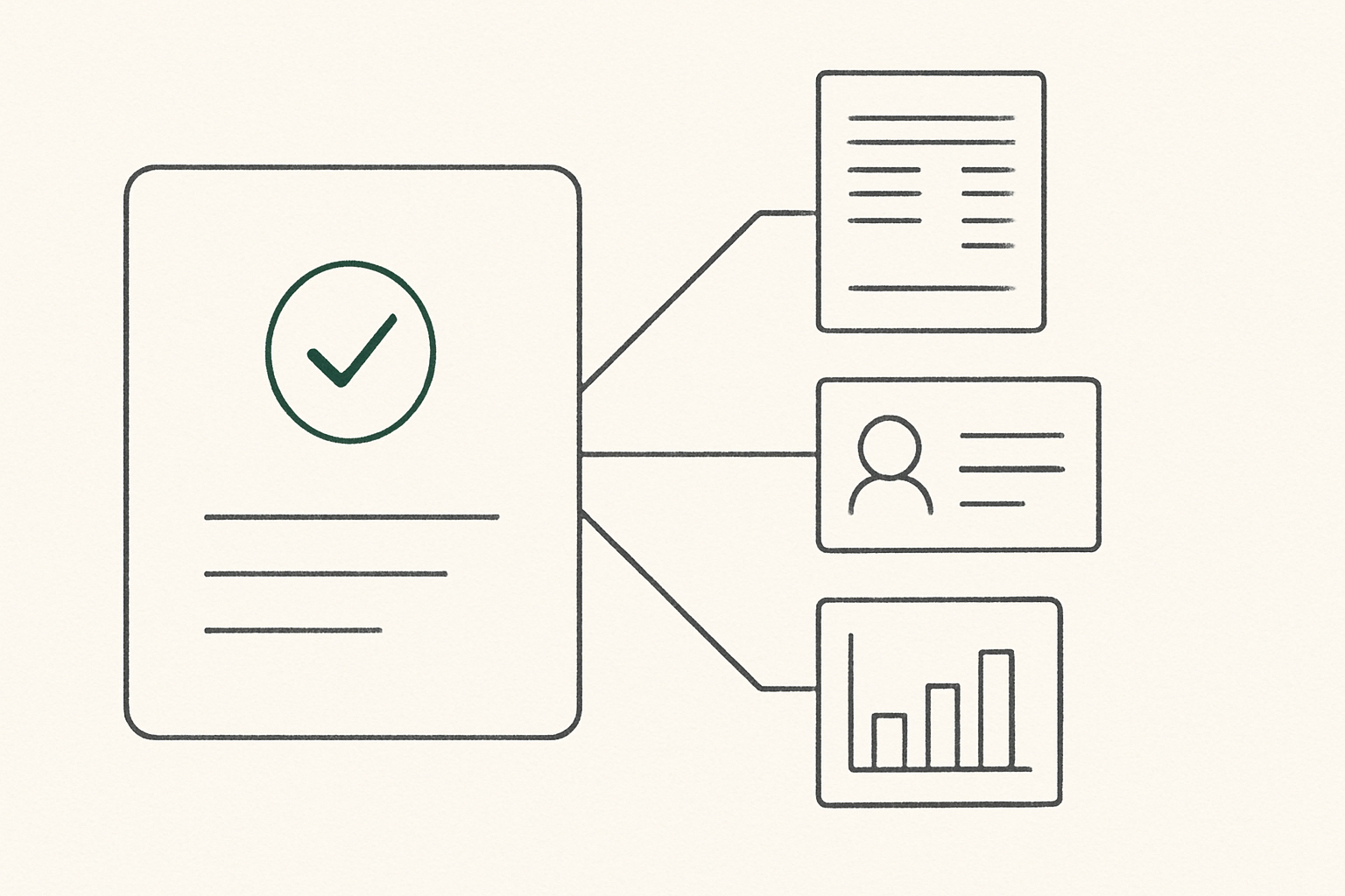 Line illustration of a completed job card connected to an invoice, a contact card and a chart