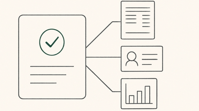 Line illustration of a completed job card connected to an invoice, a contact card and a chart