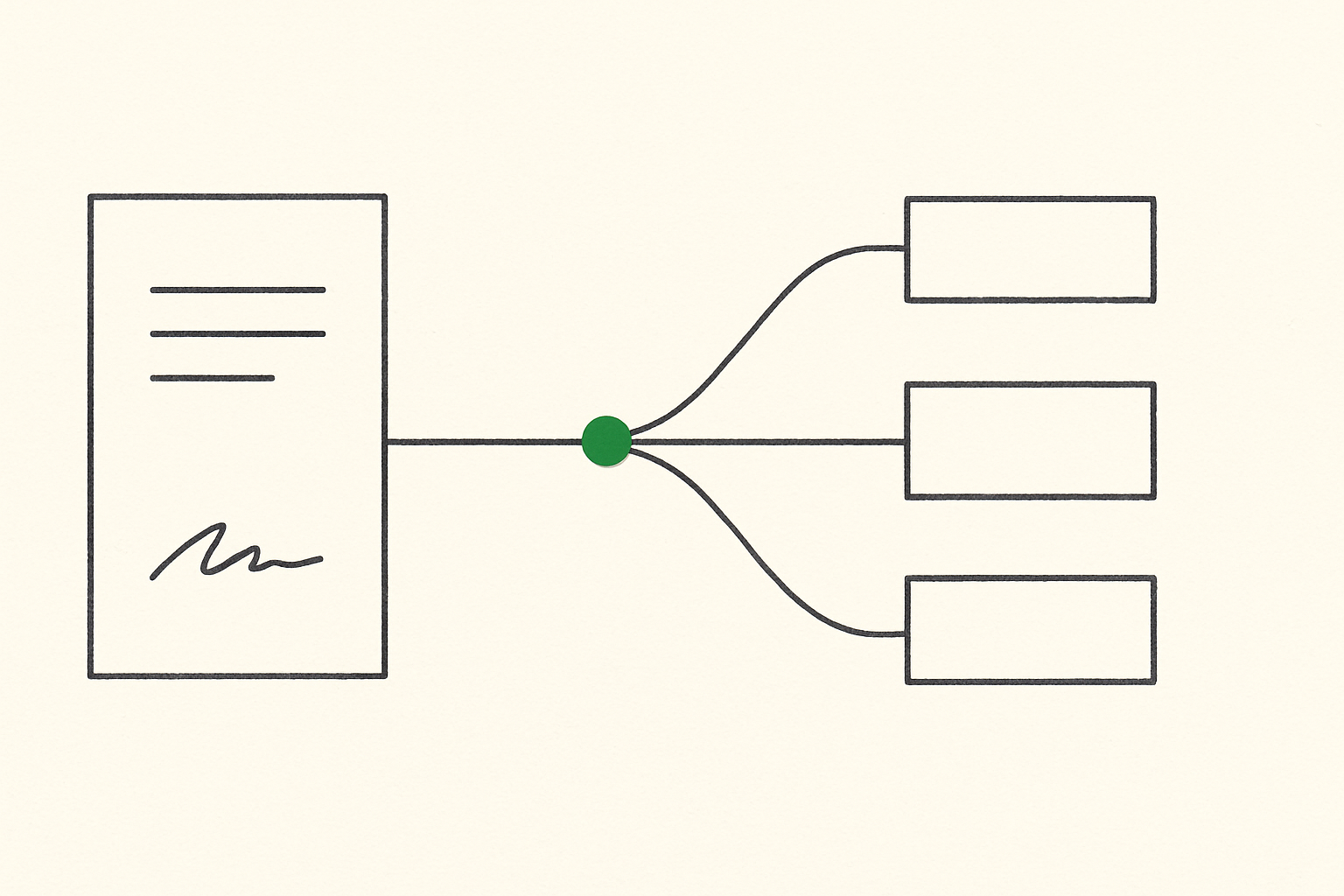 Line illustration of one signed document fanning out into three connected containers