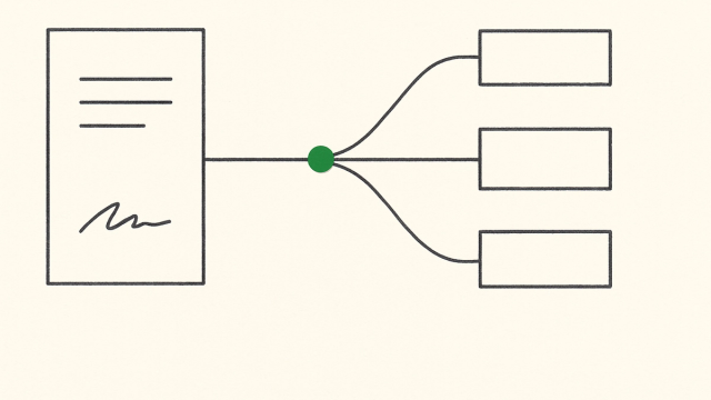 Line illustration of one signed document fanning out into three connected containers