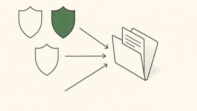 Line illustration of three regulator shields consolidating into one onboarding folder