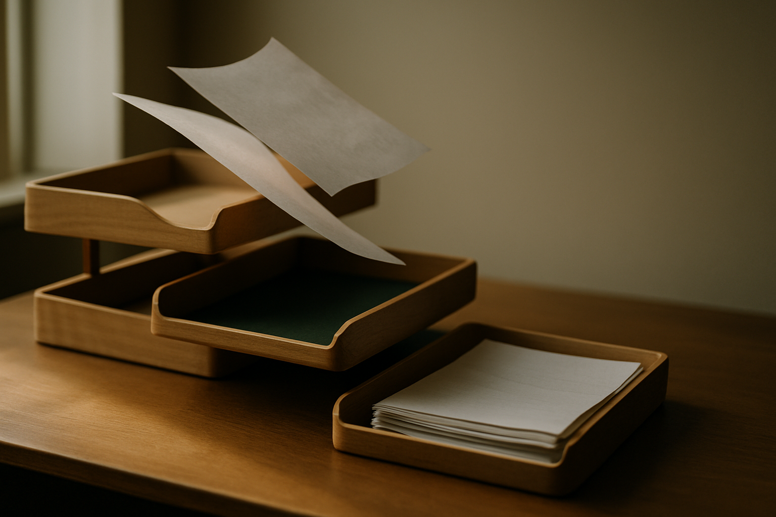 Shallow wooden document trays at different heights on a desk with papers mid-sort between them