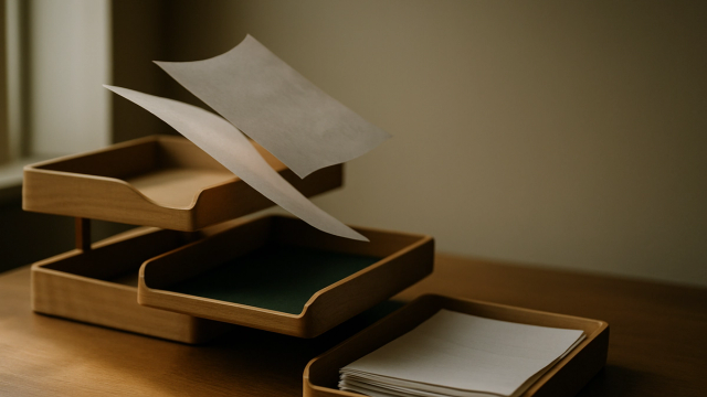 Shallow wooden document trays at different heights on a desk with papers mid-sort between them