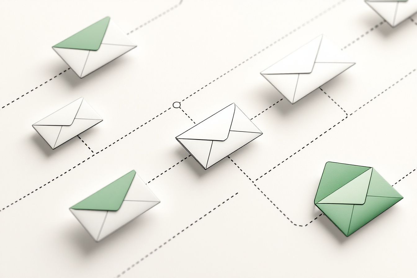Line illustration of envelopes moving along an automated delivery pipeline toward signing stations