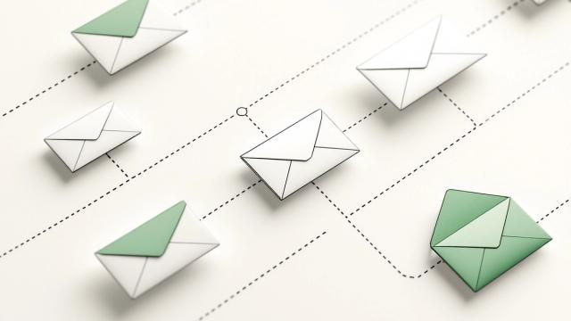 Line illustration of envelopes moving along an automated delivery pipeline toward signing stations