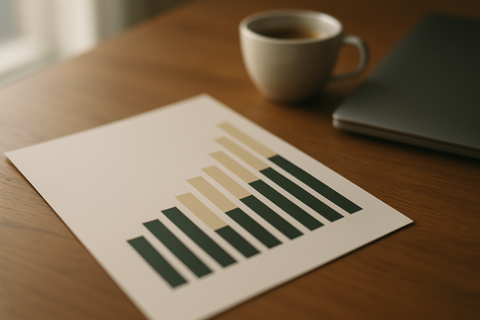A printed bar chart on paper next to a coffee cup and closed laptop on a wooden desk