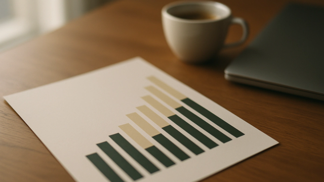 A printed bar chart on paper next to a coffee cup and closed laptop on a wooden desk