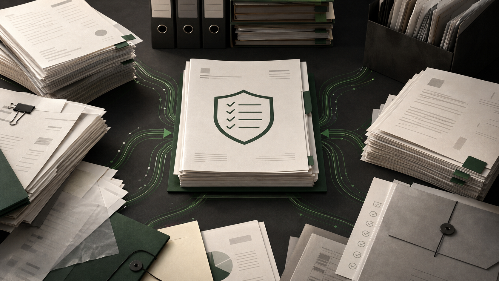 Editorial illustration of compliance evidence documents flowing into an annual review dossier
